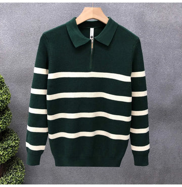 Autumn Winter New Fashion Turn-down Collar Half Zipper Long Sleeve Pullovers Men's Clothing Striped Knitting All-match Chic Tops